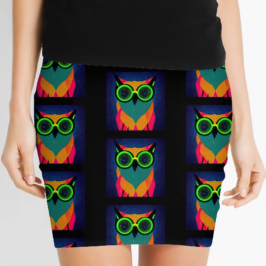 Mod Owl: Bold Owl with Green Glasses Women's Mini Skirts