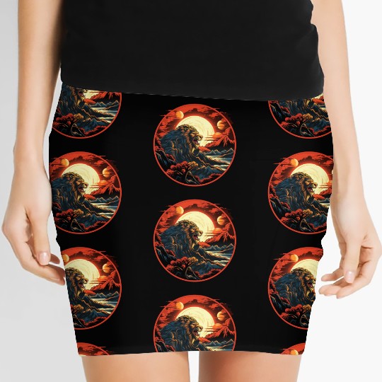 Red Japanese Style Mountain Lion Art Women's Mini Skirts