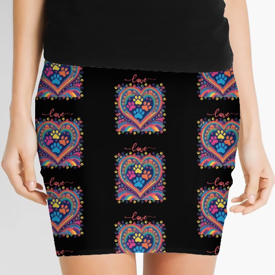 Rainbow Heart Love paw prints Women's Mini Skirts
