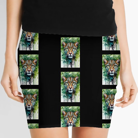 Leopard ink painting with green background Women's Mini Skirts