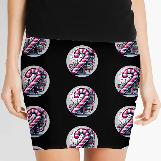 Neon Cyberpunk Candy Cane 8-Bit Pixel Christmas Women's Mini Skirts