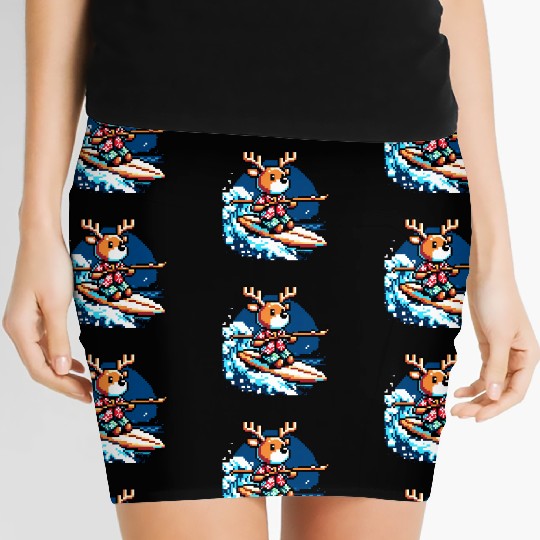 Surfing Reindeer: 8-Bit Holiday Wave Women's Mini Skirts