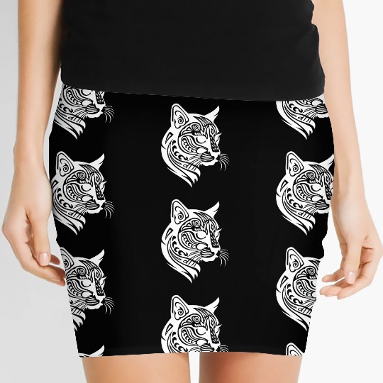 Cat Tattoo Artistry Unleashed in White Women's Mini Skirts