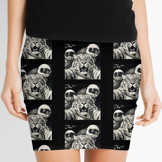 Funny Graphic Women's Mini Skirts Tiger Selfie with Alien UFOs