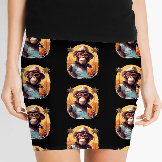 Cool Monkey With Drink Funny Animals Chimpanzee Women's Mini Skirts