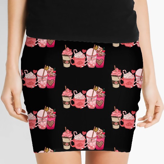 Valentines Day Pink Coffee Cups Latte Iced Cream Women's Mini Skirts