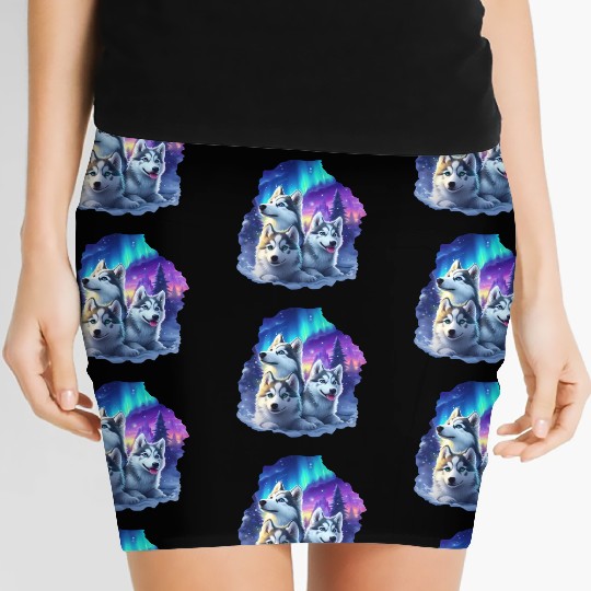 Husky family at night Women's Mini Skirts