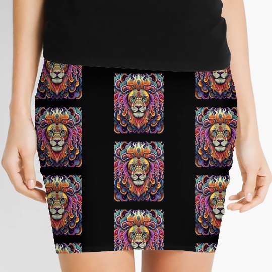 Psychedelic lion illustration vibrant colors Women's Mini Skirts