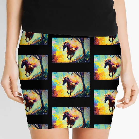 Oil Painting Style Running Horse Signed Women's Mini Skirts