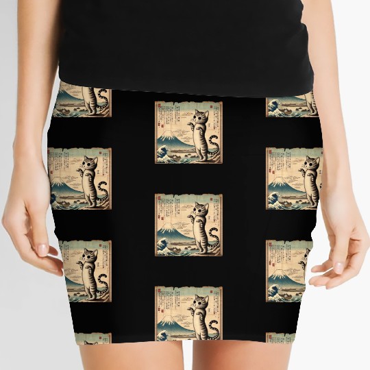 Mt. Fuji Kitten Papyrus Scroll Retro Japanese Art Women's Mini Skirts