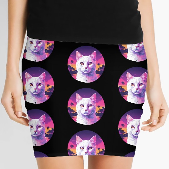 Synthwave White Cat 2 Women's Mini Skirts