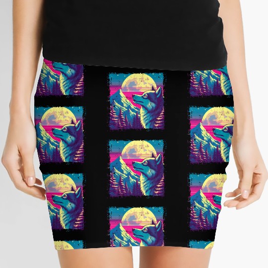 Retro Wolf Gazing at the Moon Women's Mini Skirts