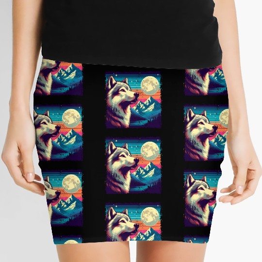 Retro Wolf Gazing at the Moon Women's Mini Skirts