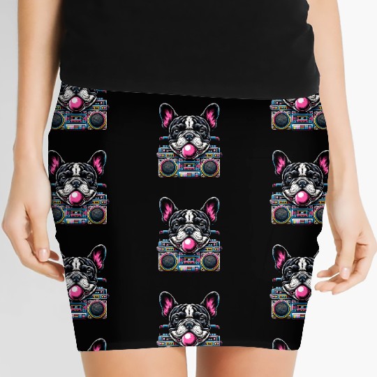 Frenchie Beats: French Bulldog with Music Boom Box Women's Mini Skirts
