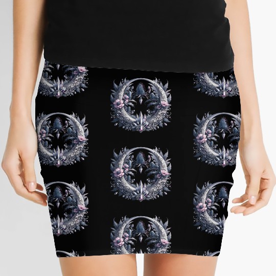 Crescent moon in silver, with crystals and flowers Women's Mini Skirts