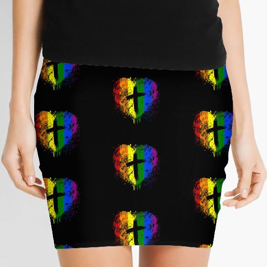 Rainbow Heart with Cross Gay Pride LGBT Christian Women's Mini Skirts