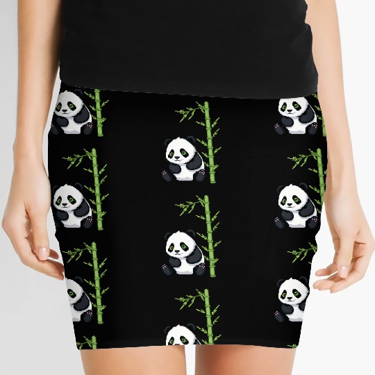A pixel art of a panda with a bamboo leaf Women's Mini Skirts