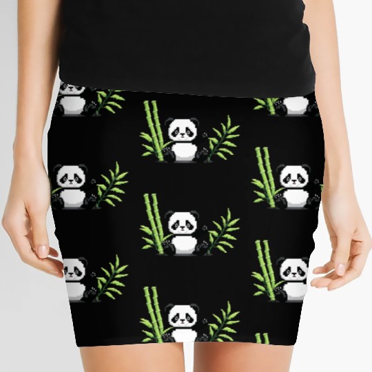 A pixel art of a panda with a bamboo leaf Women's Mini Skirts