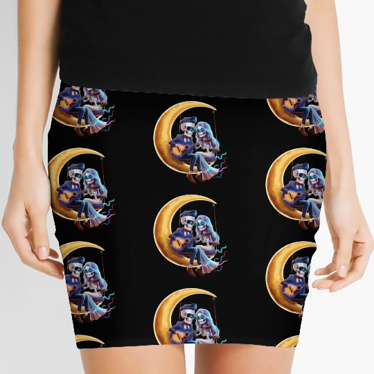 Skeleton Playing Guitar with Girlfriend on Moon Women's Mini Skirts