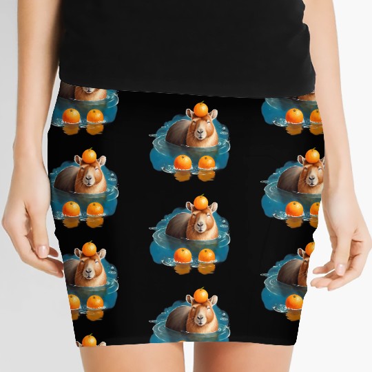 Blissful Capybara in the Water with Oranges Women's Mini Skirts