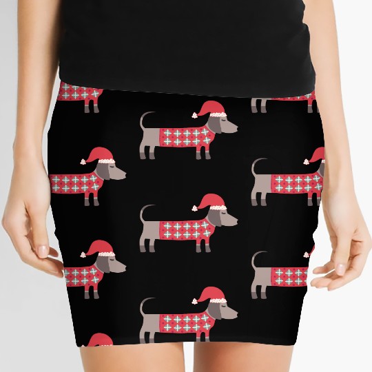 Christmas Dachshund Dog in a Santa Hat and Sweater Women's Mini Skirts