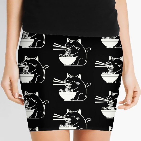 Cute Cat Eating Ramen Kawaii Food Design Women's Mini Skirts