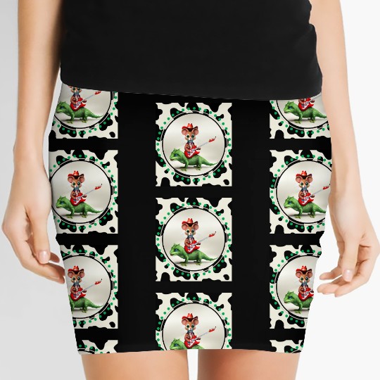 Mouse on Lizard Playing Guitar Women's Mini Skirts