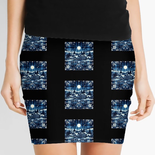 flannel silent night blue and white christmas Women's Mini Skirts