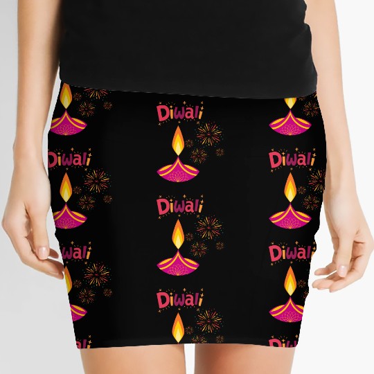 Diwali Design with Lamp & Festive Fireworks Women's Mini Skirts