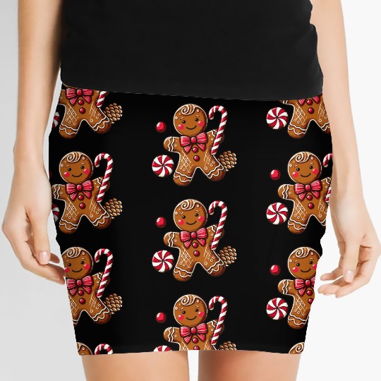 Happy gingerbread man with candy cane Women's Mini Skirts