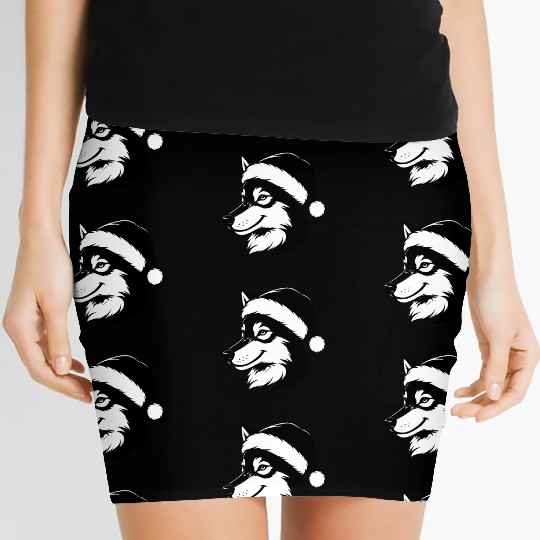 Festive Husky with Santa Hat Women's Mini Skirts