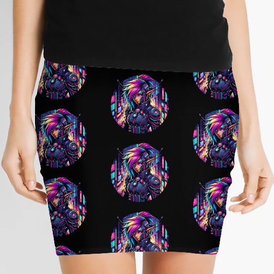 Neon Cyberpunk Elf in Futuristic Cityscape Women's Mini Skirts