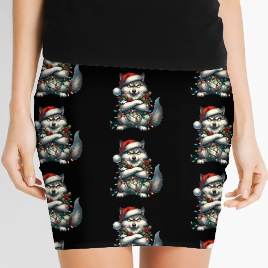 Wolf with Santa Hat and Christmas Lights Design Women's Mini Skirts