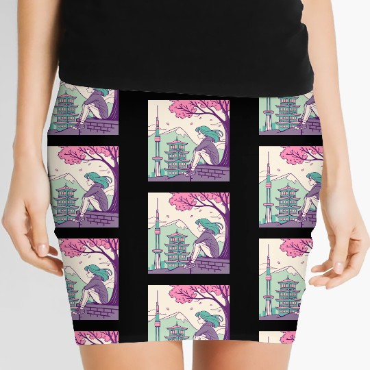 "Peaceful Anime Vibes: Girl Relaxing with Sakura Women's Mini Skirts