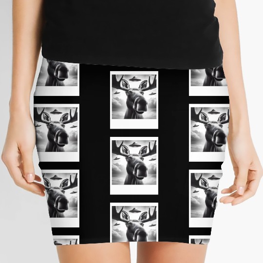 Moose Funny Graphic Selfie with UFOs Weird Aliens Women's Mini Skirts
