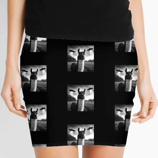 Llama alpaca Funny Graphic Selfie with UFOs Weird Women's Mini Skirts