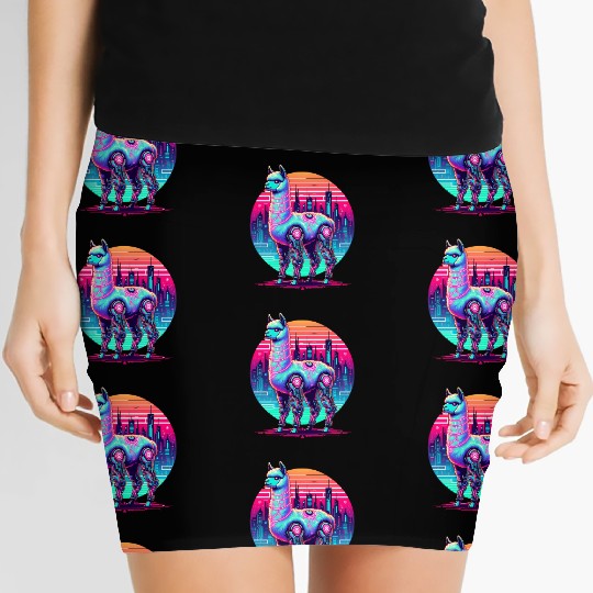 Futuristic Cyber Llama in Neon Cityscape Women's Mini Skirts