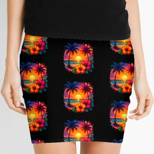 Tropical Sunset Palm Trees and Hibiscus Women's Mini Skirts