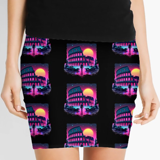 "Neon Colosseum – Retro Synthwave Rome Aesthetic" Women's Mini Skirts