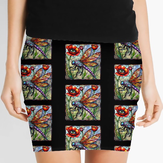 Dragonfly stained glass poppy flower insect eye Women's Mini Skirts