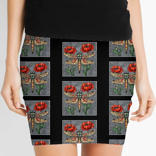 Dragonfly stained glass design vibrant poppy eye Women's Mini Skirts