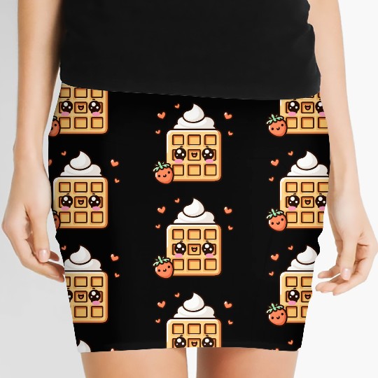 Kawaii Dessert Waffle with Strawberry Women's Mini Skirts