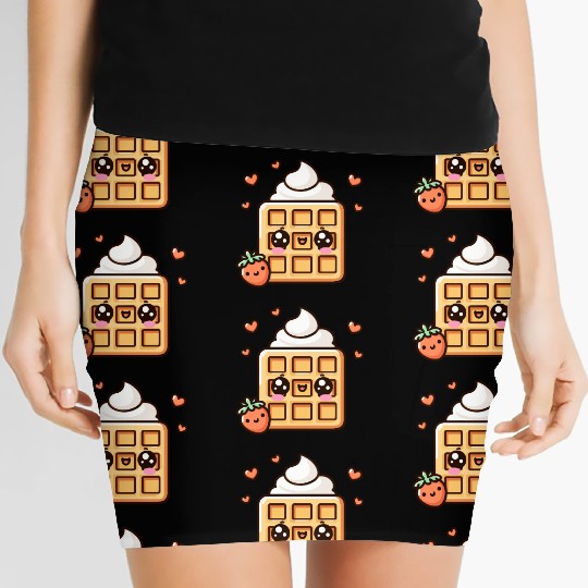 Kawaii Dessert Waffle with Strawberry Women's Mini Skirts