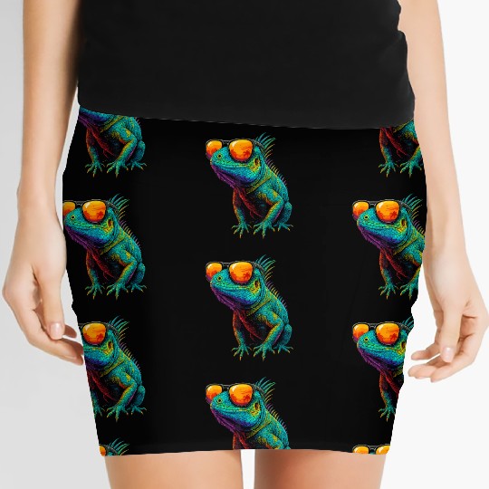 Cool Neon Iguana with Sunset Sunglasses Women's Mini Skirts