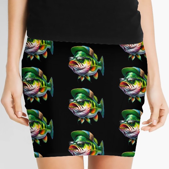 Cool Bass Fish with Green Hat and Glasses Women's Mini Skirts