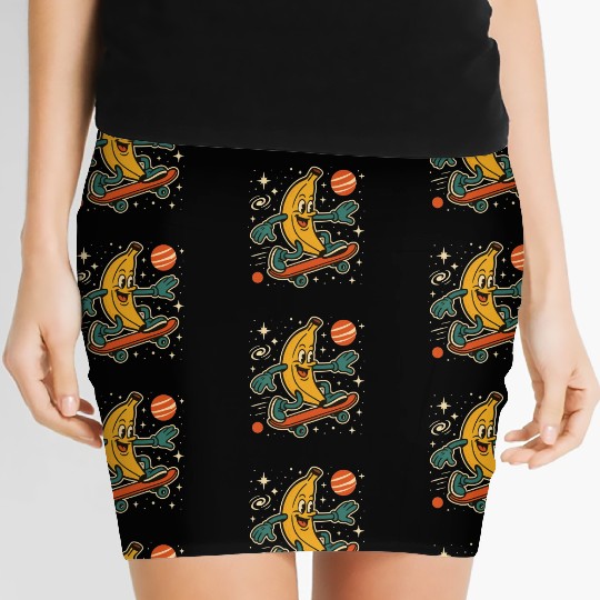 Playful Banana Skateboard Space Scene Women's Mini Skirts