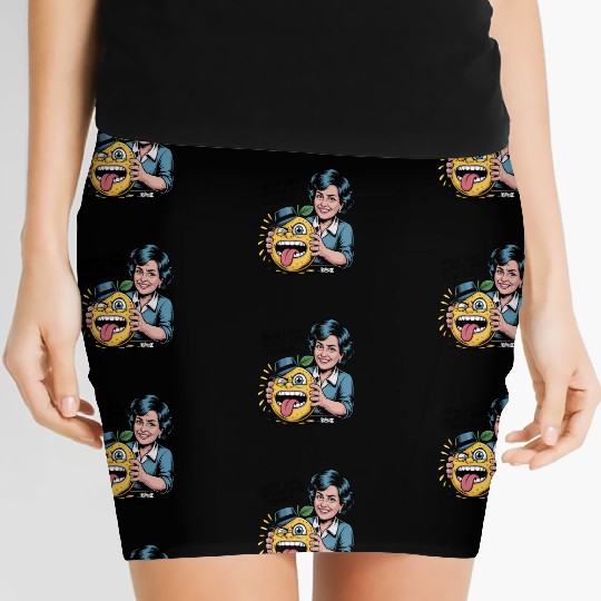Smiling woman holding sour lemon cartoon face Women's Mini Skirts