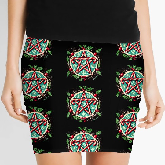 Yule Pentacle with Candy Canes Pagan Holiday Desig Women's Mini Skirts
