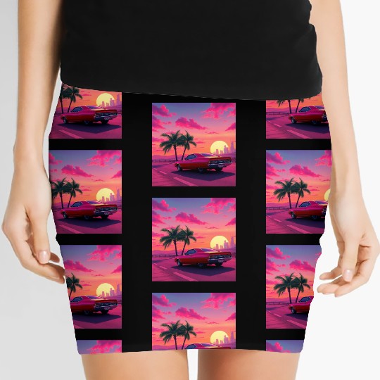 Neon Drift Sunset on the Synthwave Highway Women's Mini Skirts