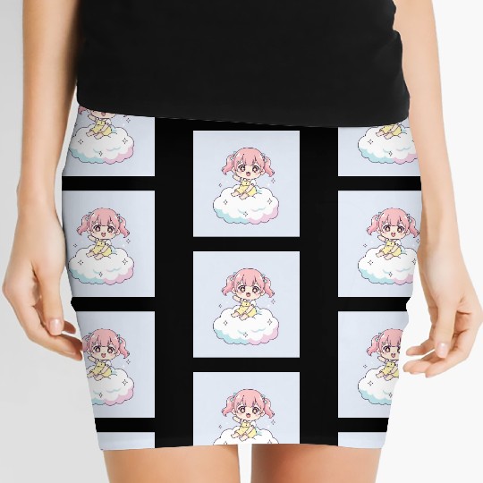 Cute Chibi Girl on Cloud Illustration Women's Mini Skirts